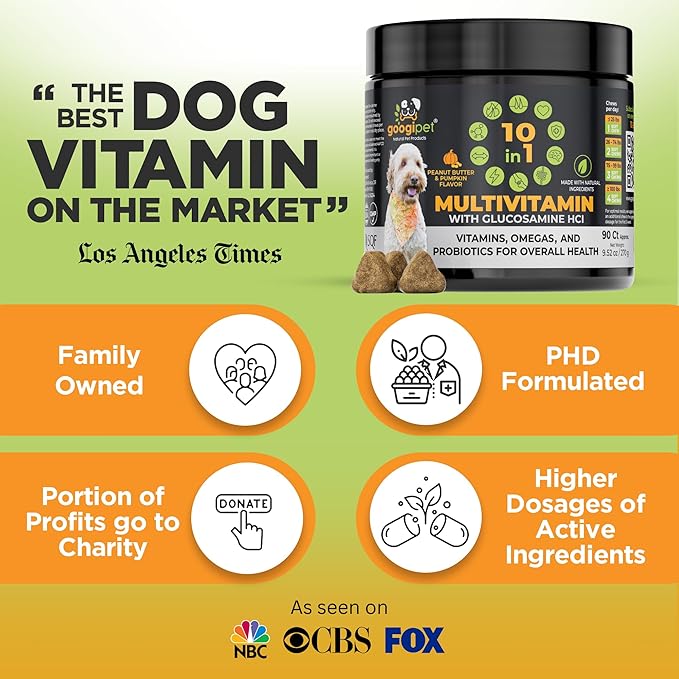 Googipet Premium 10 in 1 Dog Vitamins Multivitamin Chewable with Probiotics for Gut Health, Dog Vitamins and Supplements w/Vitamin C & Glucosamine for Joint Support (Peanut Butter & Pumpkin Flavor)