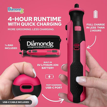 Diamondg Cordless Dog Nail Grinder with Quiet Sound & LED Tip for Large & Small Dogs, 4hrs. Runtime - Electric Dog Nail Trimmer, Heavy Duty Rotary Tool Alternative to Toenail Clippers & Filers