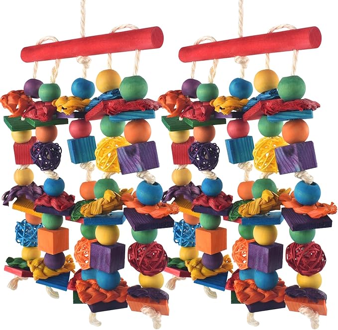 Bird Toys, 2PCS Parrot Foraging Hanging Toy, Multicolored Natural Wooden Blocks Parakeet Chewing Toys mit Rattan Wicker Balls, for Medium Small Cockatoos Budgie Lovebird Cockatiel Conure