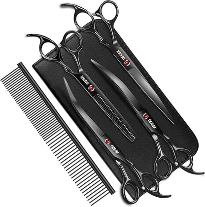 7.0in Titanium Professional Dog Grooming Scissors Set, GEMEK 6 in 1 Straight & Thinning & Upwards Curved & Downwards Curved Scissors & Comb for Dogs, Cats and Other Animals