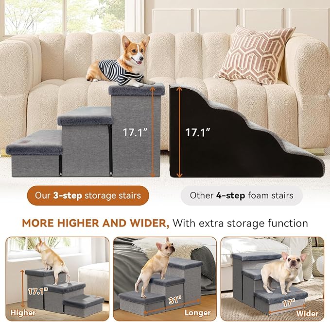 Dog Stairs with Furry Lids 17.5" H, 3-Step Wider Dog Steps with Storage for Small/Medium/Large Dogs Cats, Folding Sturdy Pet Stairs Climbing Bed or Sofa, Dog Ramp for Car Hold Up to 200 lbs, Grey