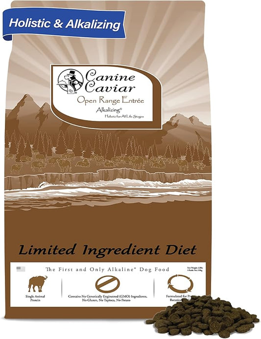 Canine Caviar Open Range Dog Food | Limited Ingredient Alkaline Holistic Dog Food  All Life Stages | Gluten Free, Ultra-Premium Dog Food | Healthy Skin & Coat | Buffalo & Chickpea  4.4 lbs