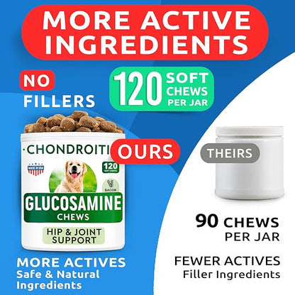 Glucosamine Chondroitin Dog Hip & Joint Supplement - Joint Pain Relief - Hip & Joint Chews for Dogs - Joint Support Large Breed - Senior Doggie Vitamin Pills Joint Health - (240 Treats - Bacon)