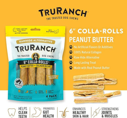 TRURANCH Collagen Rolls - 6" Collagen Rolls for Dogs - Long Lasting Healthy Joint Support Dog Treat - Rawhide Alternative - Skin & Coat Health - Made with Real Peanut Butter, 1 Bag, 4 Count