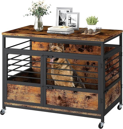 DWVO Dog Crate Furniture, 39 Inch Dog Kennel Indoor Furniture End Table for Dogs, Modern Decorative Wooden Cage with Wheels, Chew-Resistant, Rustic Brown