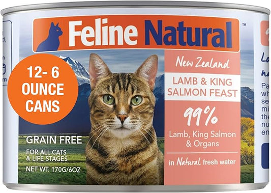 Feline Natural Wet Cat Food Pate, Lamb & King Salmon Feast, 6 Oz Cans (Pack of 12), Grain Free, Made in New Zealand with Grass-Fed, Free-Range Lamb and Sustainably Caught King Salmon