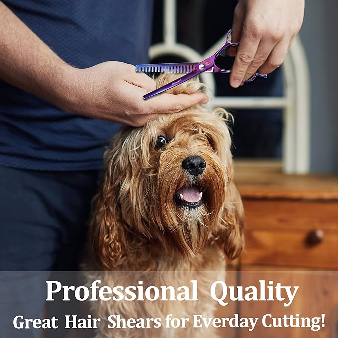 7" Professional Curved Thinning Scissors for Dog Grooming Sharp Blades Blending Shears Dog Grooming Scissors Japan 440C Stainless Steel Smooth Motion & Fine Cutting(Multicolored)
