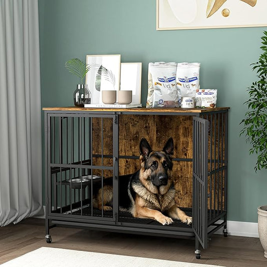 NicBex Dog Crate Furniture Dog Cage with 360 Degree Rotation Height Adjustable Feeding Bowls, Dog Kennels for Inside, Wooden Dog Crate with Lift Panel and Wheels, Antique Brown