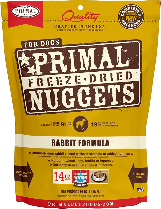Primal Freeze Dried Raw Dog Food Nuggets, Rabbit, Complete & Balanced Meal, Also Use as Topper or Treat, Premium, Healthy, Grain Free, High Protein Raw Dog Food, 14 oz