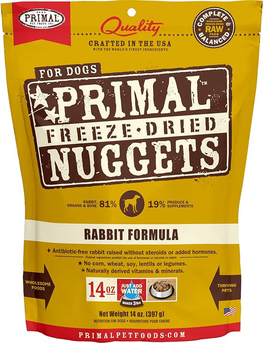 Primal Freeze Dried Raw Dog Food Nuggets, Rabbit, Complete & Balanced Meal, Also Use as Topper or Treat, Premium, Healthy, Grain Free, High Protein Raw Dog Food, 14 oz