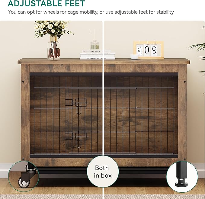YITAHOME YITAHOME Dog Kennel Furniture with Wheels, Wooden Dog Crate Furniture with Cushion, Dog Crate End Table with Tray, 38" Dog Cage with Double Doors for Small/Medium Dog (Rustic Brown)