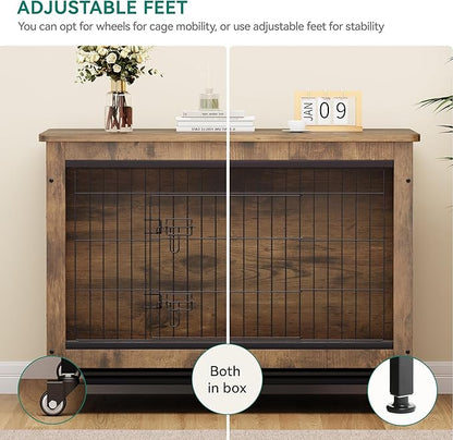 YITAHOME YITAHOME Dog Kennel Furniture with Wheels, Wooden Dog Crate Furniture with Cushion, Dog Crate End Table with Tray, 38" Dog Cage with Double Doors for Small/Medium Dog (Rustic Brown)