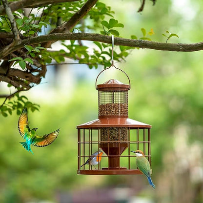 Caged Bird Feeders Squirrel-Proof, Metal, 2.8 Lbs Capacity-Cage Tube Seed Feeders with Tray Outdoor Hanging, Attract Birds,Detachable Cleaning, Starling Proof Wild Bird Feeder（Brown）