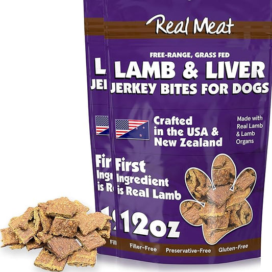 Real Meat Dog Treats - Two 12oz Bag of Bite-Sized Air-Dried Lamb & Liver Jerky for Dogs - Grain-Free Jerky Dog Treats Made up of 95% Human-Grade, Free-Range, Grass Fed Lamb - All-Natural Dog Treats