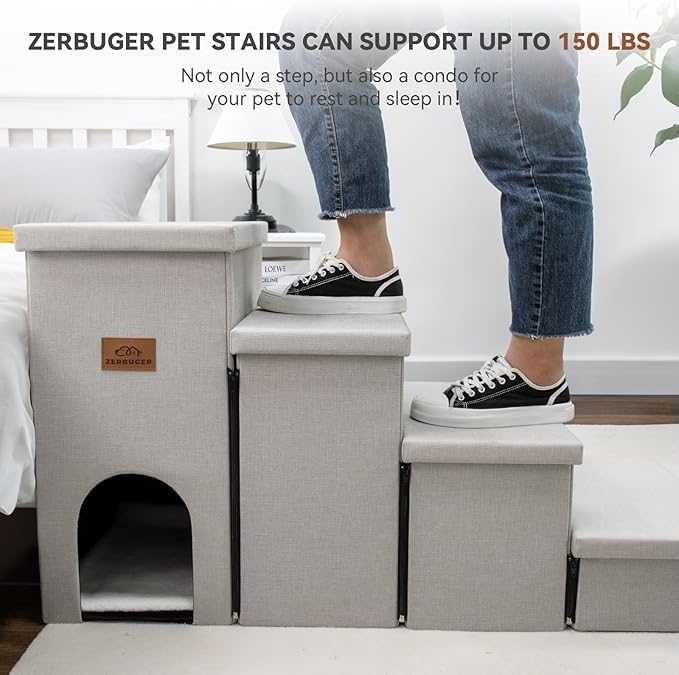 Dog Stairs with Storage 23" H, 4-Step Wider Dog Steps for High Beds Window, Folding Sturdy Pet Stairs Gift for Small/Medium/Large Dogs Cats, Dog Ramp for Climbing Car Hold Up to 200 lbs, Beige Gray
