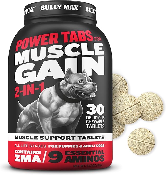 Bully Max 2-in-1 Muscle Builder Power Tabs for Puppies & Adult Dogs - Puppy & Dog Treats Vitamins for Muscle Gain & Growth - Multivitamin Supplements for All Breeds & Ages - 30 Chewable Tablets
