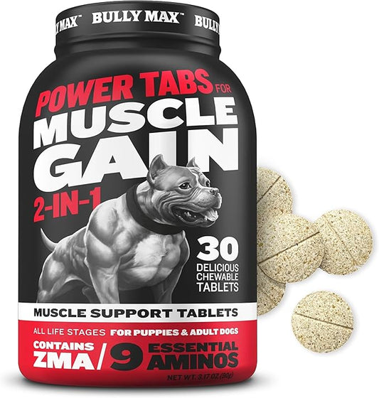 Bully Max 2-in-1 Muscle Builder Power Tabs for Puppies & Adult Dogs - Puppy & Dog Treats Vitamins for Muscle Gain & Growth - Multivitamin Supplements for All Breeds & Ages - 30 Chewable Tablets