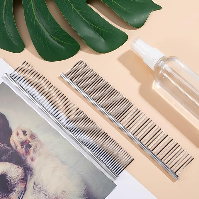2pcs Dog Grooming Combs for Removing Tangles, Round Teeth Metal Cat Pet Hair Comb, Silver Large Professional Grooming Tool for Long Short Haired Dogs Cats Rabbits