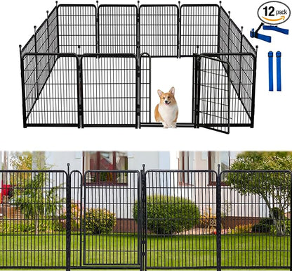 32 in(H) Dog Fence Outdoor For Yard, 21 in Wide Low Threshold Gate, 12 Panels Total 26.6 Ft(L) Fencing For Garden Beds, Animal Barrier Fence, Dog Pen Indoor or Outdoor,Landscape Fence Border