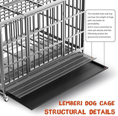 LEMBERI 42 inch Heavy Duty Indestructible Dog Crate, Escape Proof Dog Cage Kennel with Lockable Wheels,High Anxiety Double Door Dog Crate,Extra Large Crate Indoor for Large Dog with Removable Tray