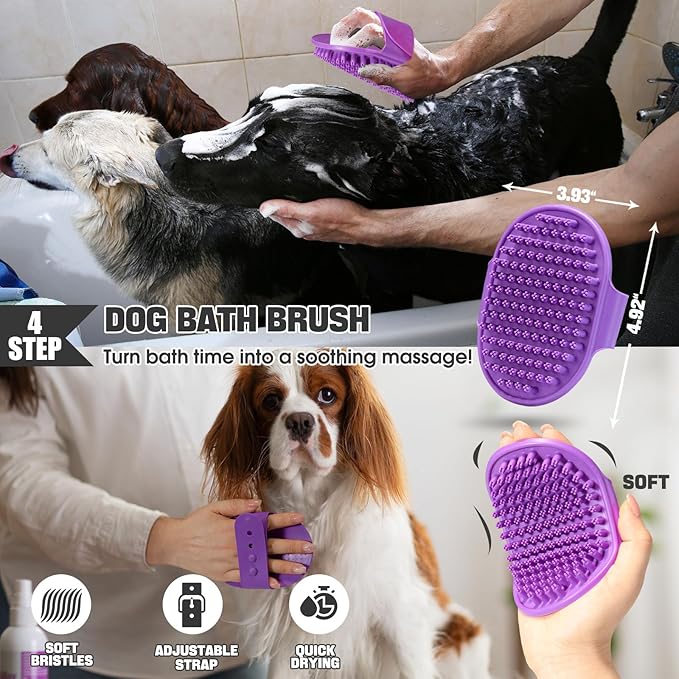 Dog Slicker Brush for Dogs Grooming Kit 4PCS | Large Dog Brush for Goldendoodles Poodles Doodles | Long Pin Haired Brush | Dog Bath Brushes Flea Comb(Purple)
