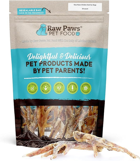 Raw Paws Dried Chicken Feet for Dogs (10 Pack) - Packed in USA - 100% Digestible, Single Ingredient - Chicken Feet Dog Treats - Natural Smoked Dehydrated Chicken Feet for Dogs - Chicken Feet Dog Chews