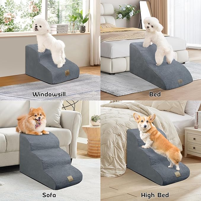 Mestuel Extended Dog Stairs Steps for Couch Sofa Bed, 2 Steps Dog Stairs Ramp for Small Old Joint Injury Dogs Cats Easy Access, Pet Stairs with High Density Foam& Nonslip Bottom, Lint Roller, Gray