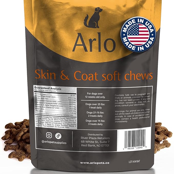 Arlo Pet Supplies Skin and Coat Supplement for Dogs, 60 Soft Chews, Omega 3 Fatty Acids, DHA, Vitamins E and C, Restore Soft, Shiny Hair and Diminish Irritation, Made in USA