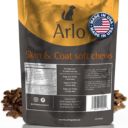 Arlo Pet Supplies Skin and Coat Supplement for Dogs, 60 Soft Chews, Omega 3 Fatty Acids, DHA, Vitamins E and C, Restore Soft, Shiny Hair and Diminish Irritation, Made in USA