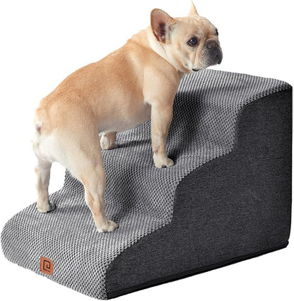 EHEYCIGA Curved Dog Stairs Ramp for Small Dogs 15.7" H, 3-Step Dog Steps for Couch Sofa and Chair, Pet Stairs for Cats, Non-Slip Balanced Pet Steps Indoor, Grey