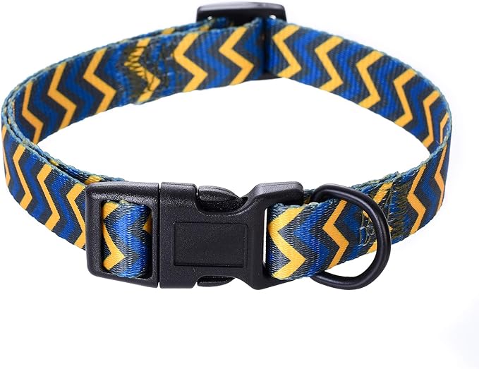 Mile High Life Dog Collar | Cute Puppy Collars | Lightweight Girl Dog Collar | Soft Boy Dog Collars | w Geometric Ocean Wavy Pattern (Blue/Yellow, Medium)