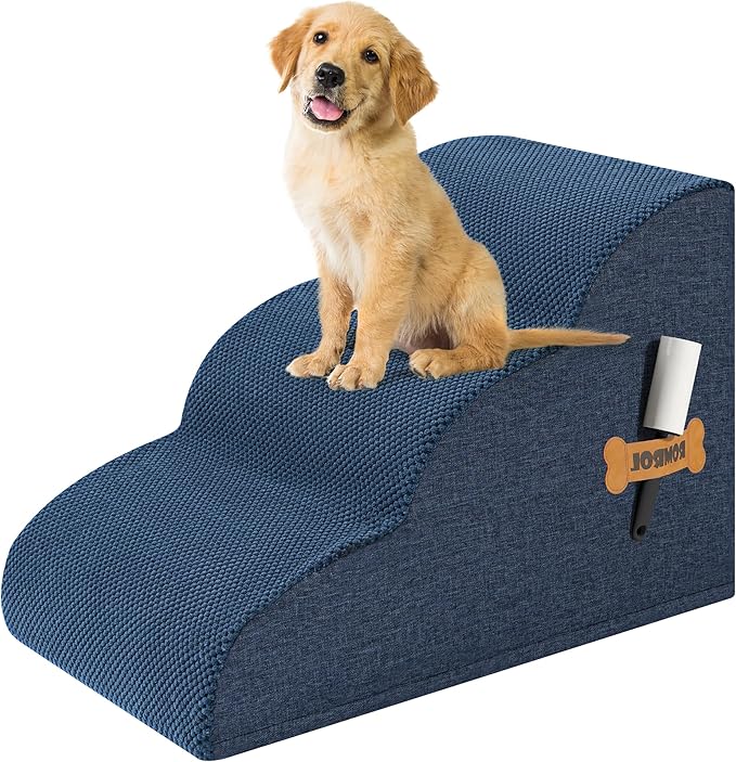 Romrol Dog Stairs Ramp for Beds Couches, Extra Wide Pet Steps with Durable Non-Slip Waterproof Fabric Cover, Pets Slope Stairs, 3-Tiers,Dusty Blue