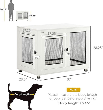 PawHut Dog Crate Furniture, 37" Dog Kennel Furniture with Water-Resistant Cushion, Double Doors for Large Dogs, Dog Crate End Table for Indoor Use, White