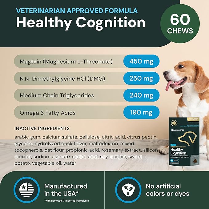 VetriScience Veterinary Strength Healthy Cognition Chews - Senior Wellness Supplement for Dogs - Supports Cognition, Immune Function & Metabolism - 60 Count