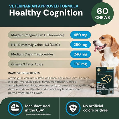 VetriScience Veterinary Strength Healthy Cognition Chews - Senior Wellness Supplement for Dogs - Supports Cognition, Immune Function & Metabolism - 60 Count