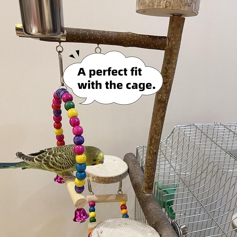Natural Wood Bird Perch Playground for Outside the Cage Wall, Bird Platform and Play Area for Small to Medium Parrots like Cockatiels, Conures, Parrotlets, Lovebirds, and Budgies, Bird Cage Accessory