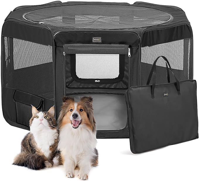 DONORO Dog Playpen Portable Pet Play Pens for Small Dog/Cat/Rabbit/Chicks, Cat Playpen Indoor/Outdoor with Carring Case, Removable Zipper Top and Bottom (Black, Extra Large (55"x55"x30"), 8)