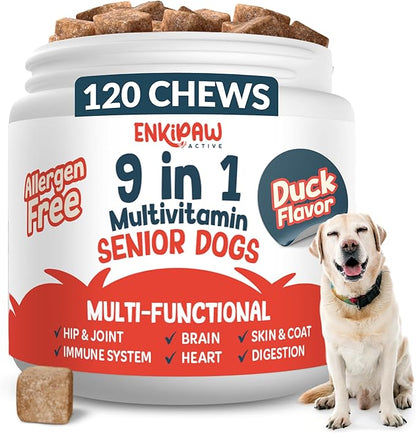 9-in-1 Senior Dog Multivitamin for Joints, Digestion & Immunity with Probiotics, Colostrum, Omegas, Taurine, Minerals –120 Tasty Duck Chews - Allergen Free - Made in USA