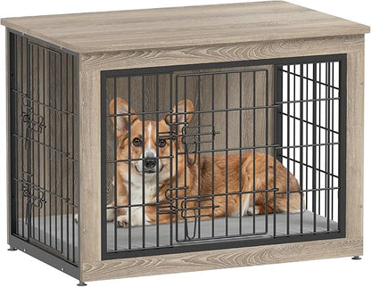 Piskyet Dog Crate Furniture with Cushion,Heavy-Duty Reinforced Metal Mesh,32" Wooden Dog Crate End Table with Double Doors,Indoor Dog Kennel,Dog Cage Side Table for Medium Breed,Grey