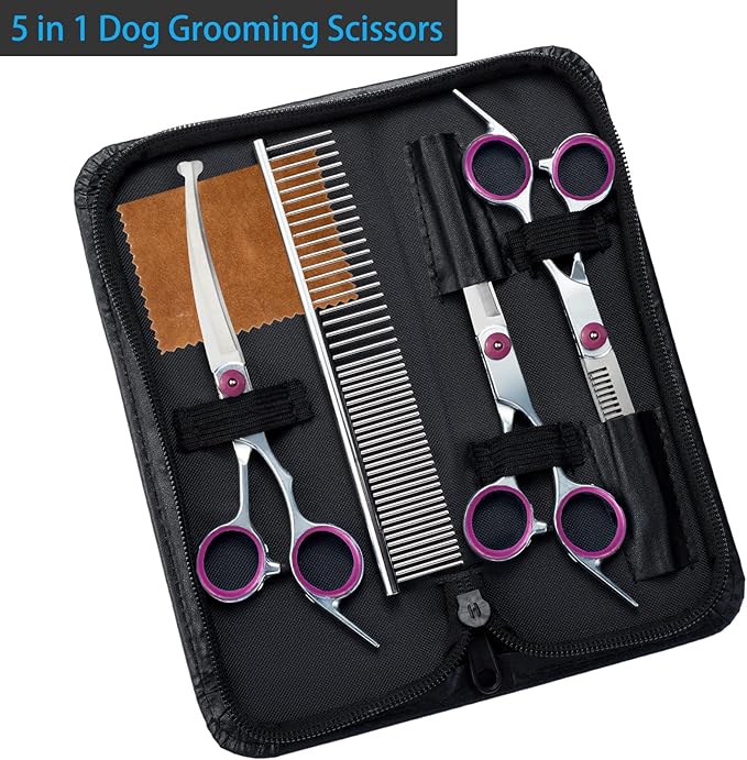 5 in 1 Premium Dog Grooming Scissors, Professional Dog Scissors for Grooming with Safety Round Tips, Lengnoyp Stainless Steel Thinning Shears, Dog Pet Cat Shears for Grooming Kit, Pink