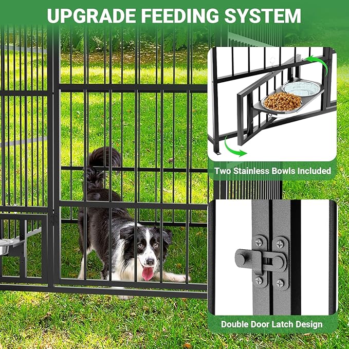 6.6 x 3.9 x 5.9 FT Outdoor Dog Kennel with Roof, Large Dog Kennel Outdoor with Rotating Feeding Bowls, Waterproof and Sunproof Dog Kennel Outside, Covered Dog Outdoor Kennel
