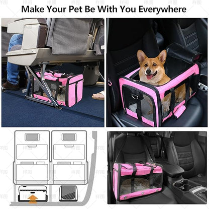 Soft Sided Cat/Dog Carrier,Collapsible Pets Travel Carriers for Pet/Puppy with Shoulder Strap & Removable Mat,Mesh Top Load Small Dogs/Cats Carry Bag Up to 17 Lbs TSA Airline Approved（Pink,M）
