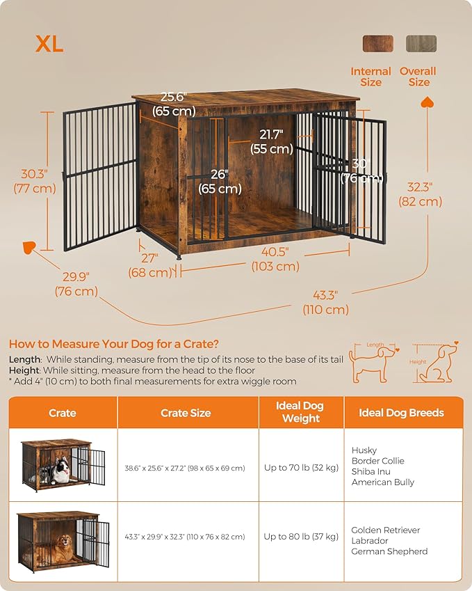 Feandrea Dog Crate Furniture, 43.3" Side End Table, Modern Kennel for Dogs Indoor up to 80 lb, Heavy-Duty Dog Cage with Enclosed Base, Double-Door Dog House, Rustic Brown UPFC024X01