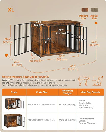 Feandrea Dog Crate Furniture, 43.3" Side End Table, Modern Kennel for Dogs Indoor up to 80 lb, Heavy-Duty Dog Cage with Enclosed Base, Double-Door Dog House, Rustic Brown UPFC024X01
