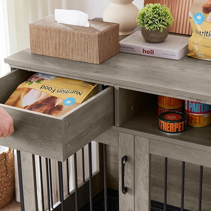 32Inch Dog Crate Wooden Lockable Dog Kennel with Removable Tray and Storage Drawer Indoor Dog Crate Furniture End Table Pet Cage 32.3'' W x 22.8'' D x 33.5'' H Grey