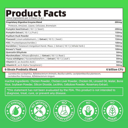 Dog Probiotics & Digestive Enzymes – Pumpkin Fiber Chews for Gut Health, Constipation& Upset Stomach Relief, Gas & Stool Support, Chicken Flavor Soft Chews – 90 Count