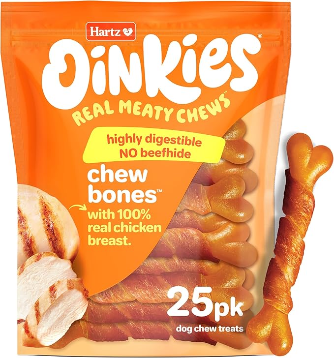Hartz Oinkies Chew Bones with Real Chicken Breast, Rawhide Free Dog Treats, Highly Digestible Dog Chews, 25 Count