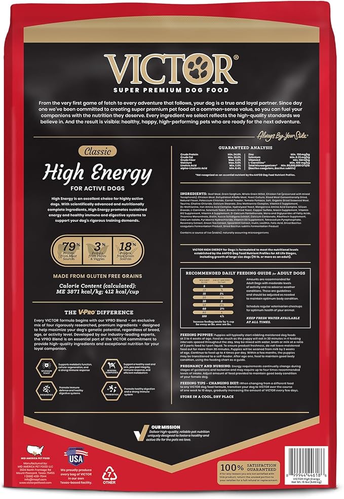 Victor Super Premium Dog Food  High Energy Dry Dog Food for Active Dogs  Gluten Free Dog Food with Beef and Chicken Meal Proteins for Sporting Dogs  All Breeds and All Life Stages, 15 Lb