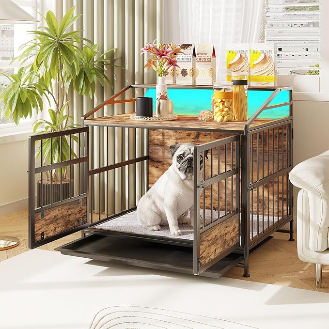 31.5 Inch Dog Crate Furniture with LED Lights and Shelf for Small Medium Dogs, Wooden Heavy Duty Dog Kennel with Double Doors and Removable Tray,Decorative Pet House Dog Cage End Table Coffee Tables