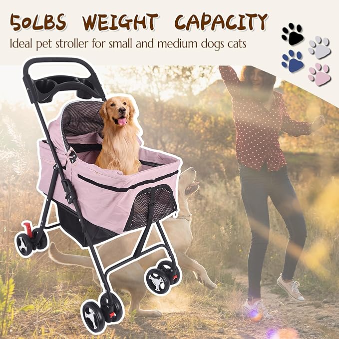 3 in 1 Dog Stroller, 4 Wheels Pet Stroller Dog Cat Stroller for Medium Small Dog Cats Up to 50lbs, Foldable Carrier Jogger Travel Puppy Stroller with Cup Holder & Breathable Mesh, Pink